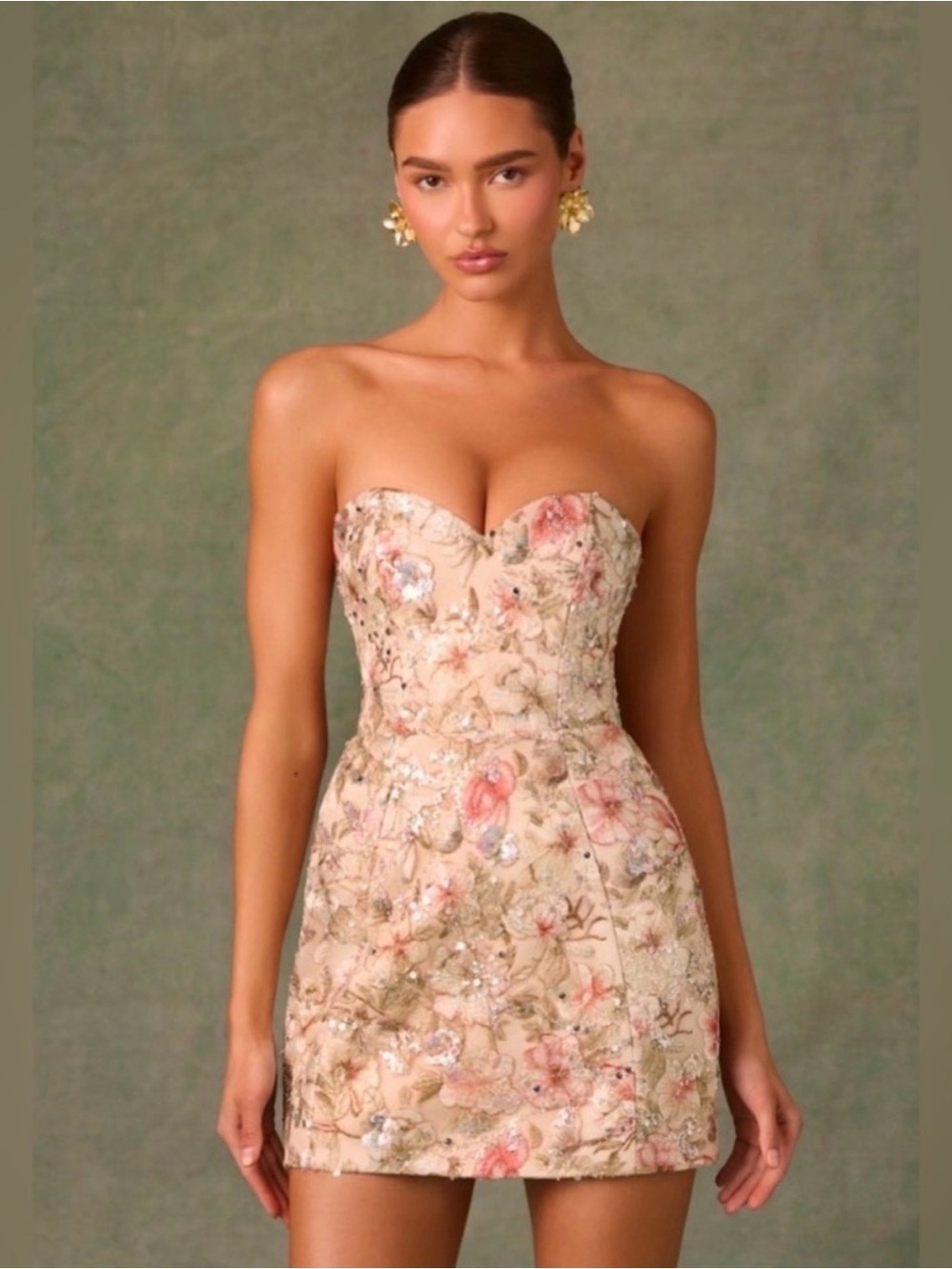 Oh Polly "Dahlia" Beige Floral Embellished Strapless A-line Mini Dress